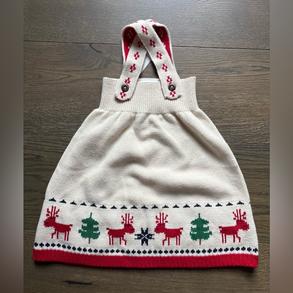 New Hanna Andersson Christmas/Holiday Knit Sweater Dress In Ivory/Dear Deer 2T - Picture 2 of 11